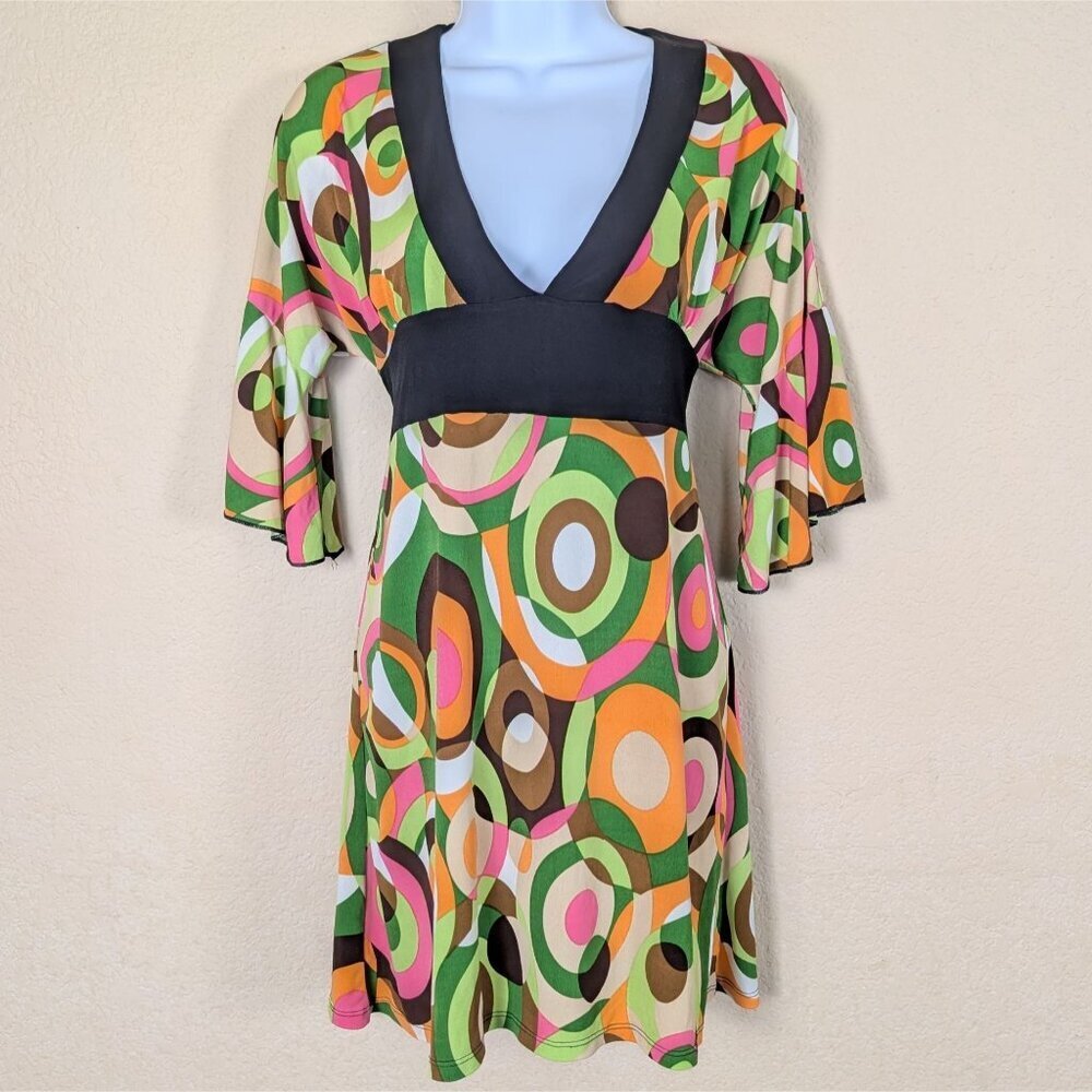 VTG Y2K American Flirt Babydoll Blouse Abstract Art to Wear sz M Bell Sleeve